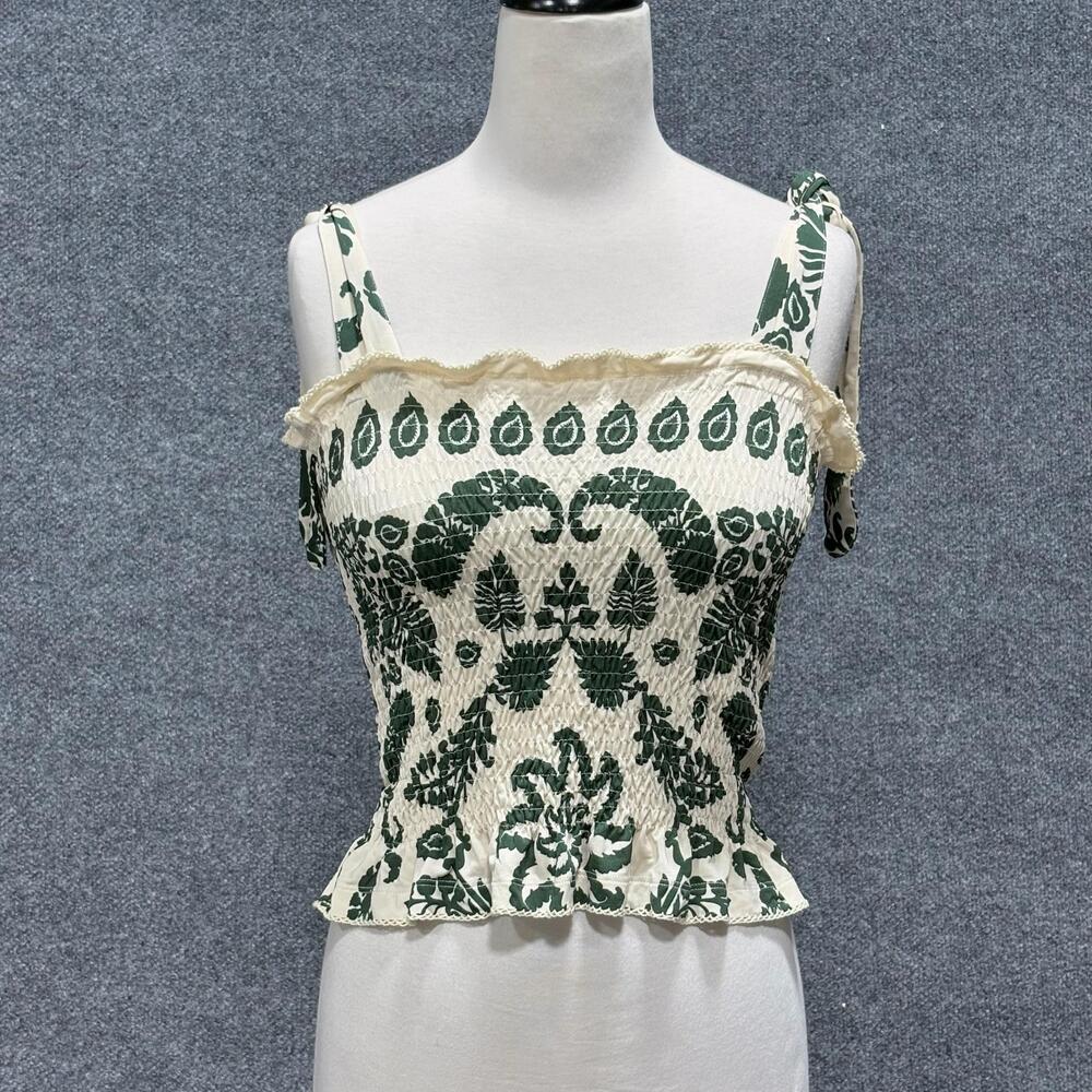 Sandro Tank Top Womens 1 Green Floral Smocked Strap Square Neck Ruffle Camisole